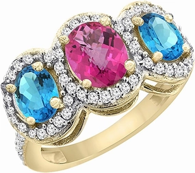 PIERA 10K Yellow Gold Natural Pink Sapphire & Swiss Blue Topaz 3-Stone Ring Oval Diamond Accent, Sizes 5-10