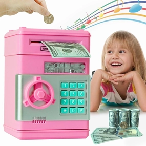 Piggy Bank for Kids Aged 6-10, Electronic Money Bank with Password, Saving Box ATM, Birthday Toys (Pink)