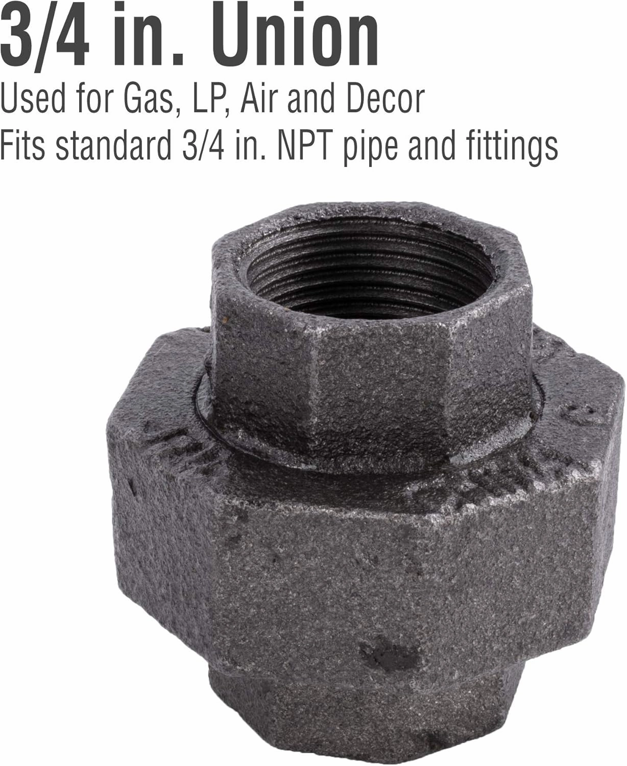 PIPE DECOR Union Fitting, 3/4 Inch, Black Malleable Iron, Set of 4 – for Plumbing, DIY Furniture, and Standard 3/4 Inch Plumbing Pipe