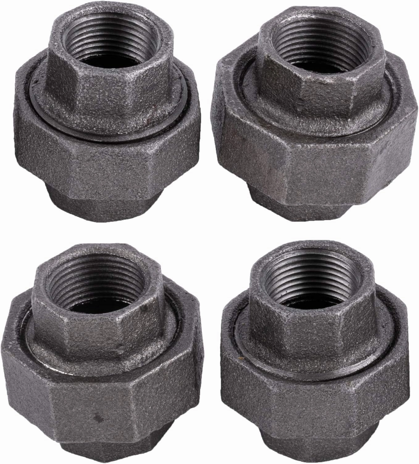 PIPE DECOR Union Fitting, 3/4 Inch, Black Malleable Iron, Set of 4 – for Plumbing, DIY Furniture, and Standard 3/4 Inch Plumbing Pipe