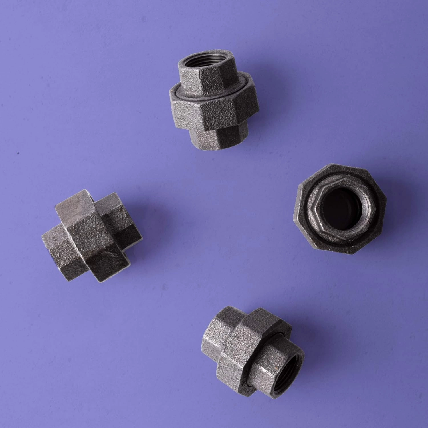 PIPE DECOR Union Fitting, 3/4 Inch, Black Malleable Iron, Set of 4 – for Plumbing, DIY Furniture, and Standard 3/4 Inch Plumbing Pipe