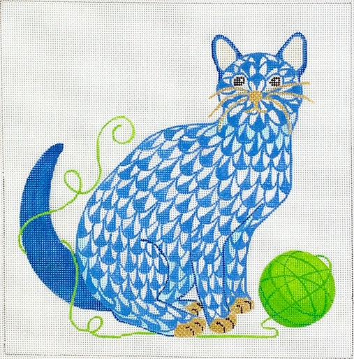 PL-514: Herend-inspired Fishnet Cat w/ Ball of Yarn – blue & green w/ gold