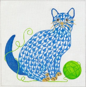PL-514: Herend-inspired Fishnet Cat w/ Ball of Yarn – blue & green w/ gold