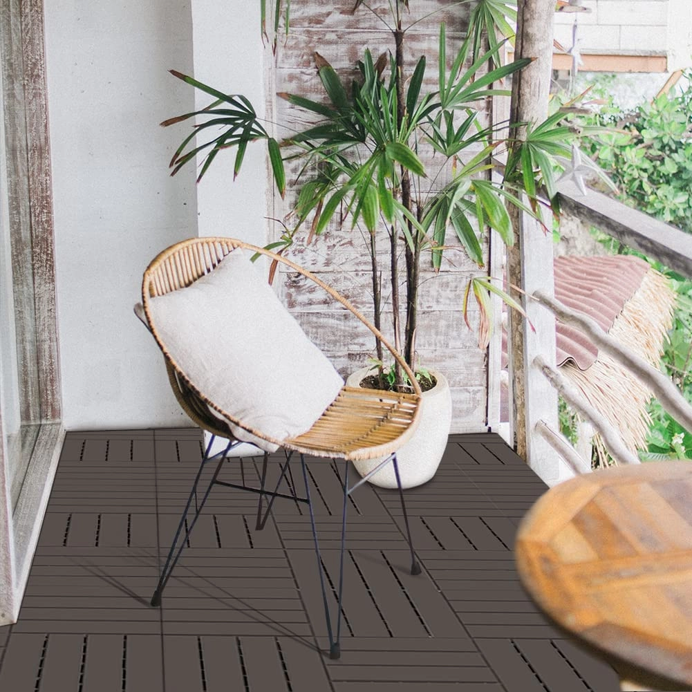 Plastic Interlocking Deck Tiles, 36 Pack, 12"x12" Patio Decking Tiles Not-Slip All Weather Use, PVC Waterproof Outdoor Flooring Pavers for Backyard, Poolside, Porch, Balcony, Brown