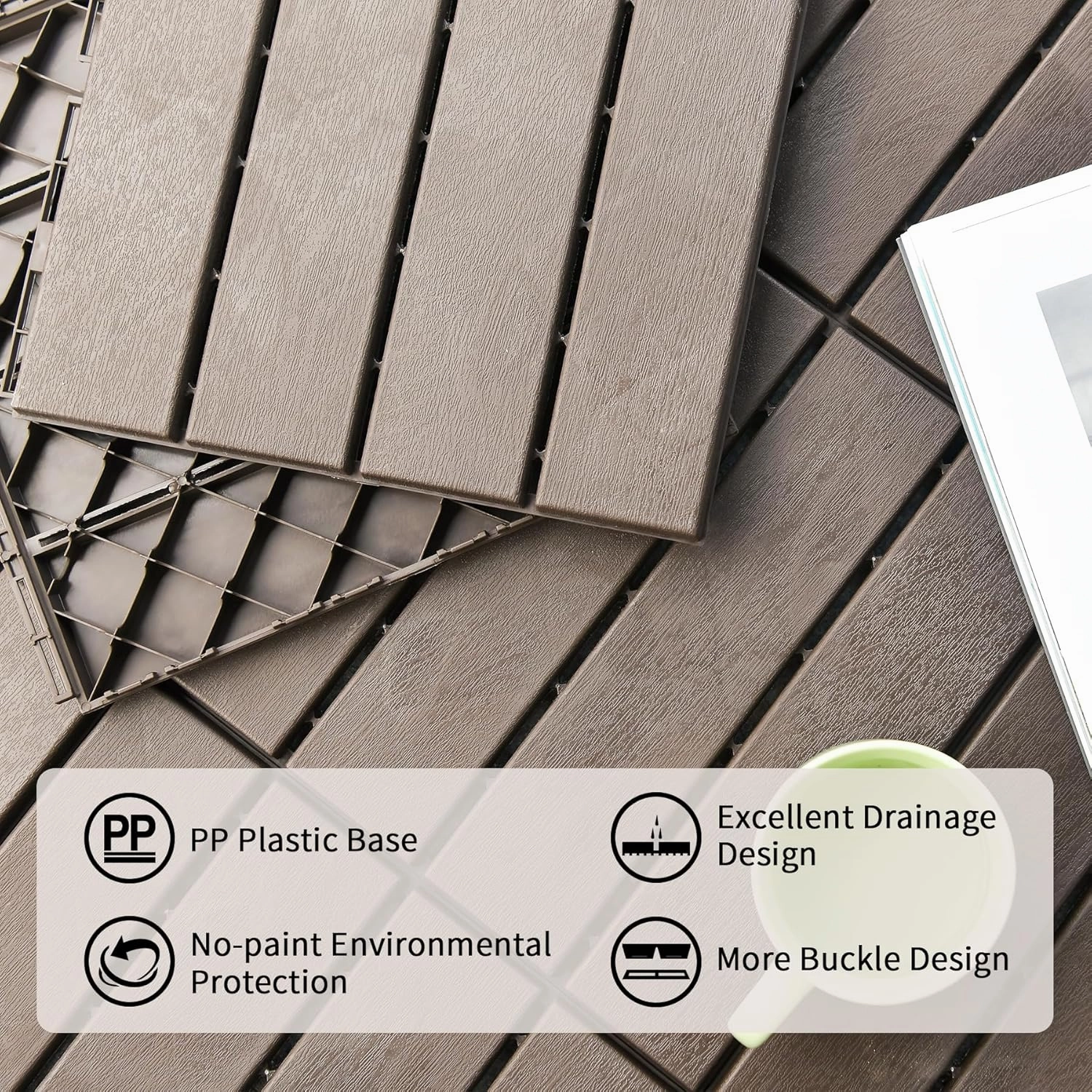 Plastic Interlocking Deck Tiles, 36 Pack, 12"x12" Patio Decking Tiles Not-Slip All Weather Use, PVC Waterproof Outdoor Flooring Pavers for Backyard, Poolside, Porch, Balcony, Brown
