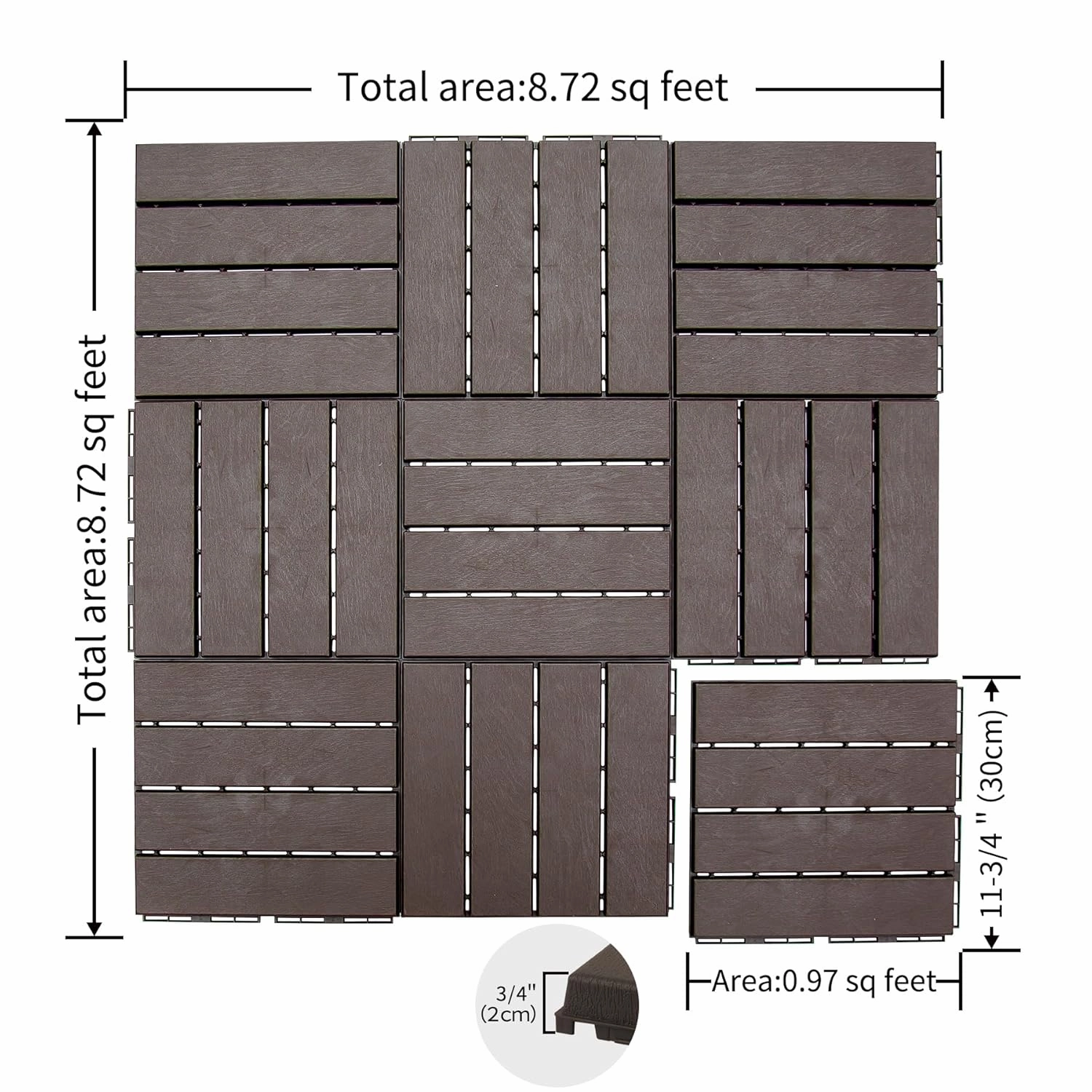 Plastic Interlocking Deck Tiles, 36 Pack, 12"x12" Patio Decking Tiles Not-Slip All Weather Use, PVC Waterproof Outdoor Flooring Pavers for Backyard, Poolside, Porch, Balcony, Brown