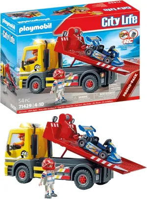 Playmobil Tow Truck Toy Playset - Towing Service - 54 Piece Bundle Includes Truck Driver and Racer Figures Along with Go Kart - Working Ramp with Flashing Lights and Retractable Winch