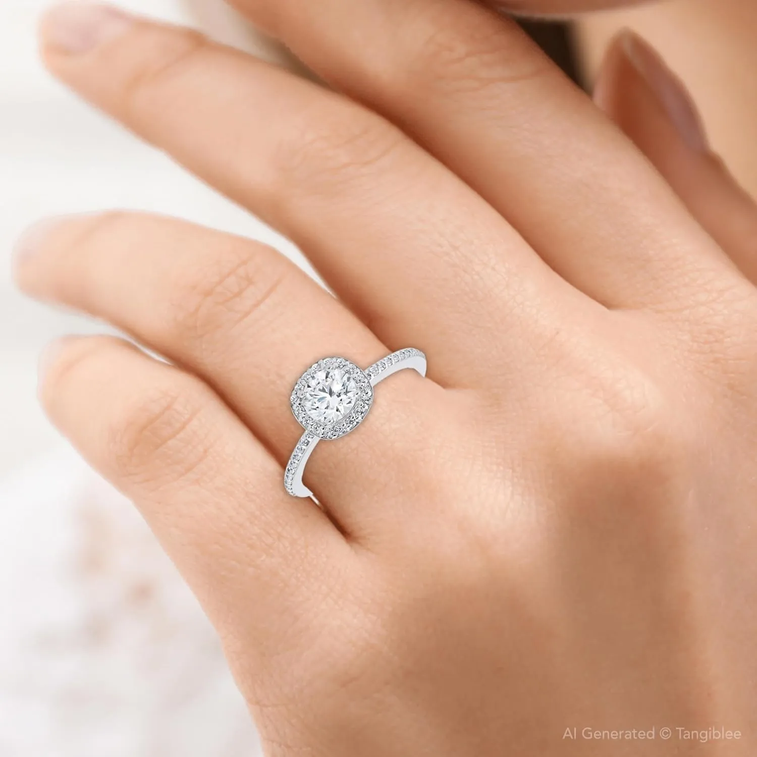 Pompeii 1ct Diamond Engagement Ring Cushion Halo 14K White Gold