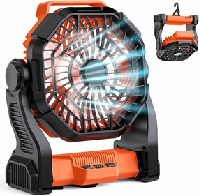 Portable Rechargeable Camping Fan, 10-Inch Battery Operated Fan, Quiet Table Fan with LED Lights, 4 Fan Speeds and 125°Rotation, Rechargeable Beach fan for Travel, Fishing, Picnic, Orange