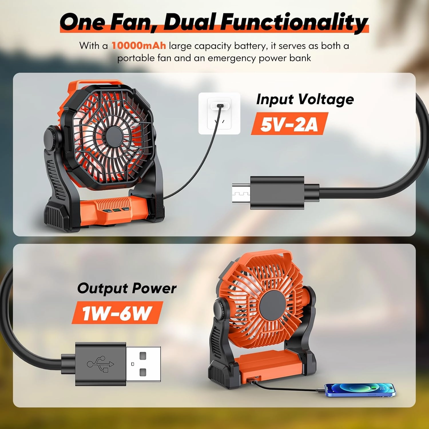 Portable Rechargeable Camping Fan, 10-Inch Battery Operated Fan, Quiet Table Fan with LED Lights, 4 Fan Speeds and 125°Rotation, Rechargeable Beach fan for Travel, Fishing, Picnic, Orange