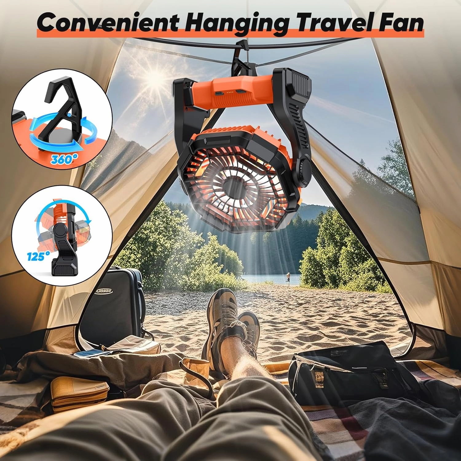 Portable Rechargeable Camping Fan, 10-Inch Battery Operated Fan, Quiet Table Fan with LED Lights, 4 Fan Speeds and 125°Rotation, Rechargeable Beach fan for Travel, Fishing, Picnic, Orange