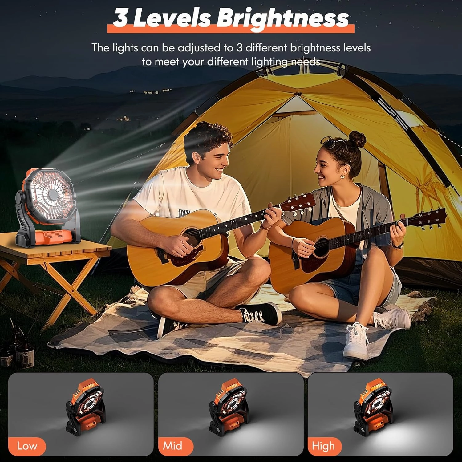 Portable Rechargeable Camping Fan, 10-Inch Battery Operated Fan, Quiet Table Fan with LED Lights, 4 Fan Speeds and 125°Rotation, Rechargeable Beach fan for Travel, Fishing, Picnic, Orange