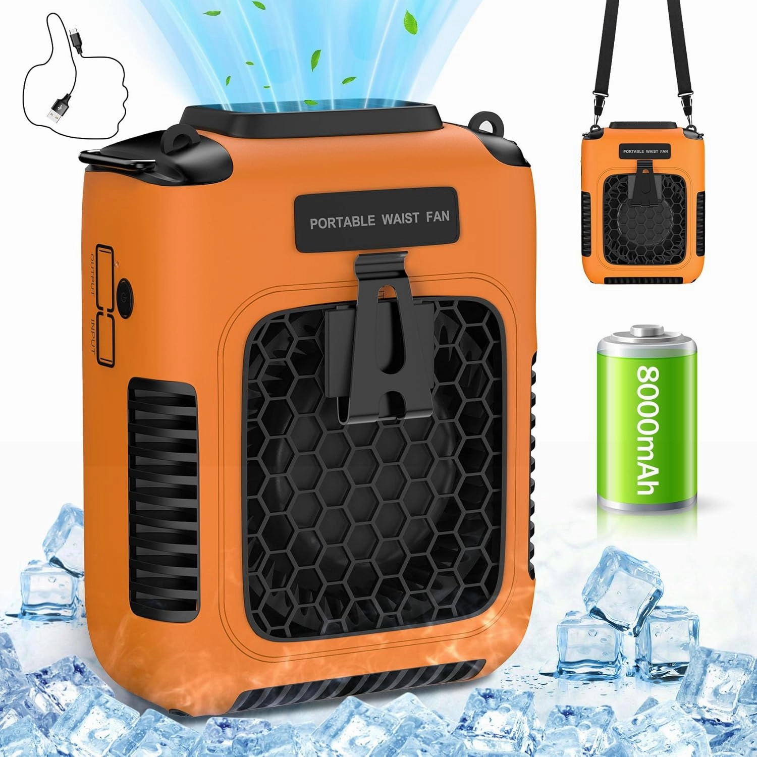 Portable Waist Fan Clip on Wearable Belt Shirt Personal Fan Rechargeable 8000mAh, Body/Neck Fan with 3 Speeds Faster Cooling & LED Light, 30H Runtime Hands-Free Hanging for Outdoor Camping Travel