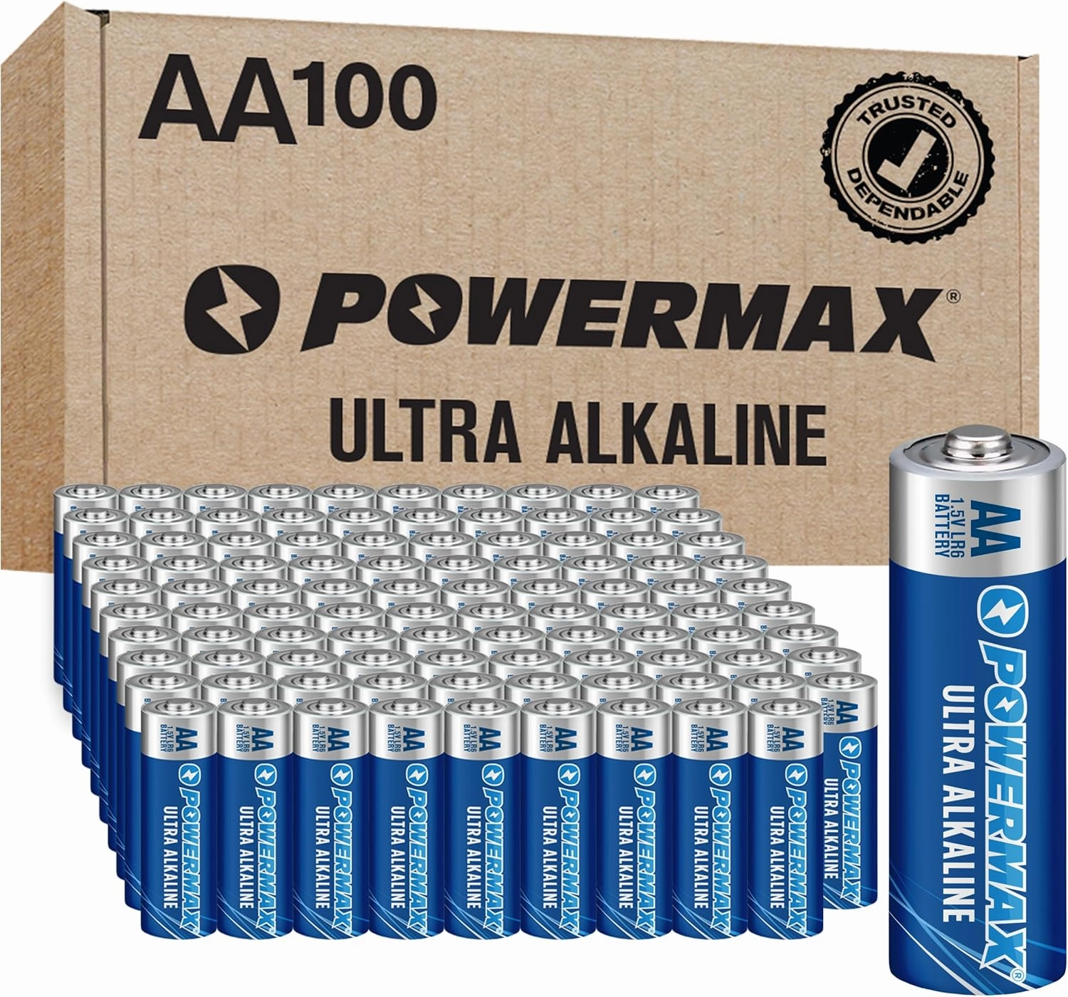 Powermax 100-Count Double AA Batteries, Ultra Long Lasting Alkaline Battery, 10-Year Shelf Life, Reclosable Packaging