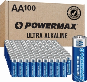 Powermax 100-Count Double AA Batteries, Ultra Long Lasting Alkaline Battery, 10-Year Shelf Life, Reclosable Packaging