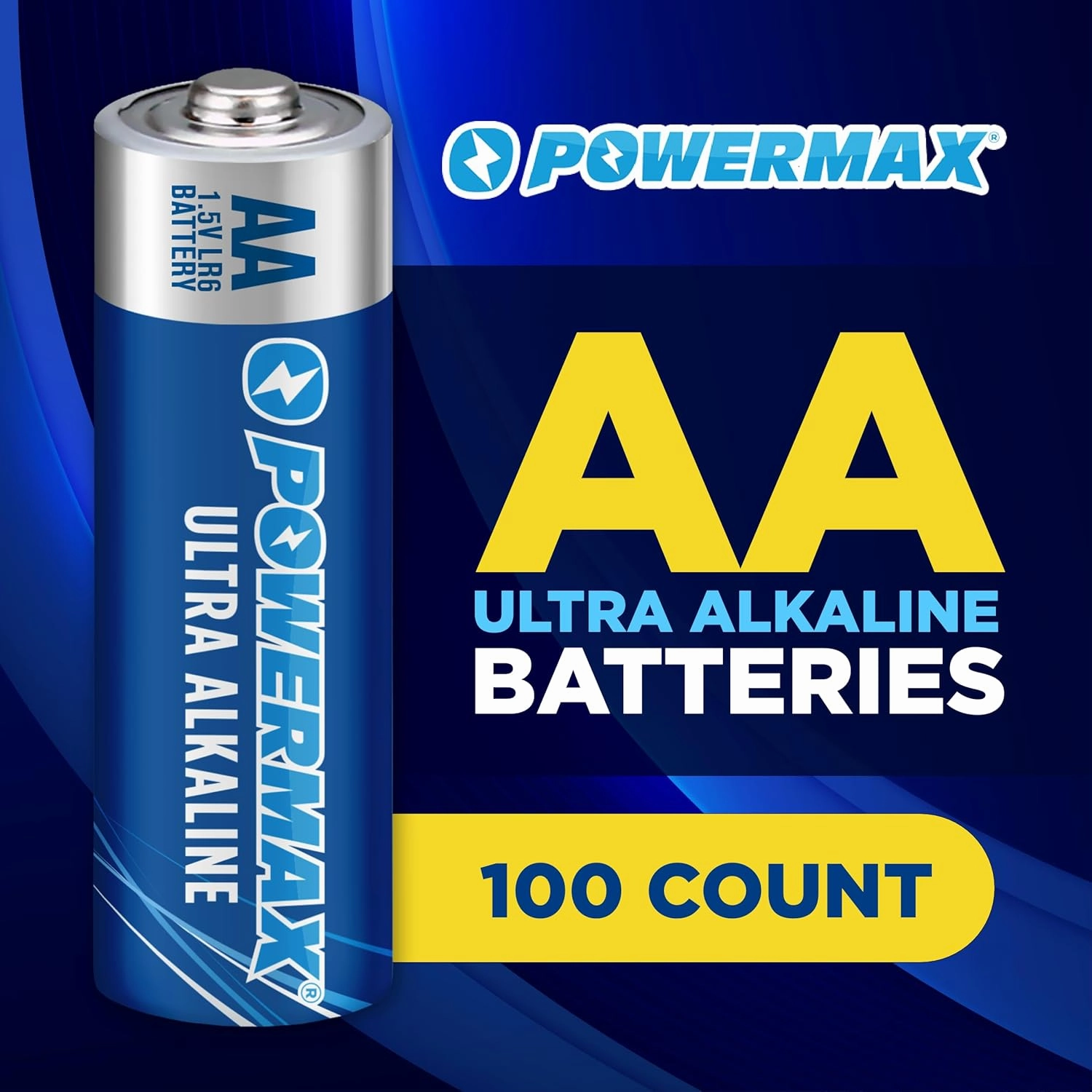 Powermax 100-Count Double AA Batteries, Ultra Long Lasting Alkaline Battery, 10-Year Shelf Life, Reclosable Packaging