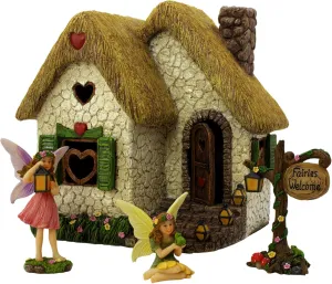 PRETMANNS Fairy Garden House Kit – Complete with Accessories, House 7” High with Door That Opens & Fairies for Outdoor Gardens – 4 Pieces