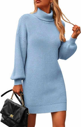 PRETTYGARDEN Sweater Dress for Women Long Puff Sleeve Turtleneck Ribbed Knit Oversized Pullover Winter Short Dress