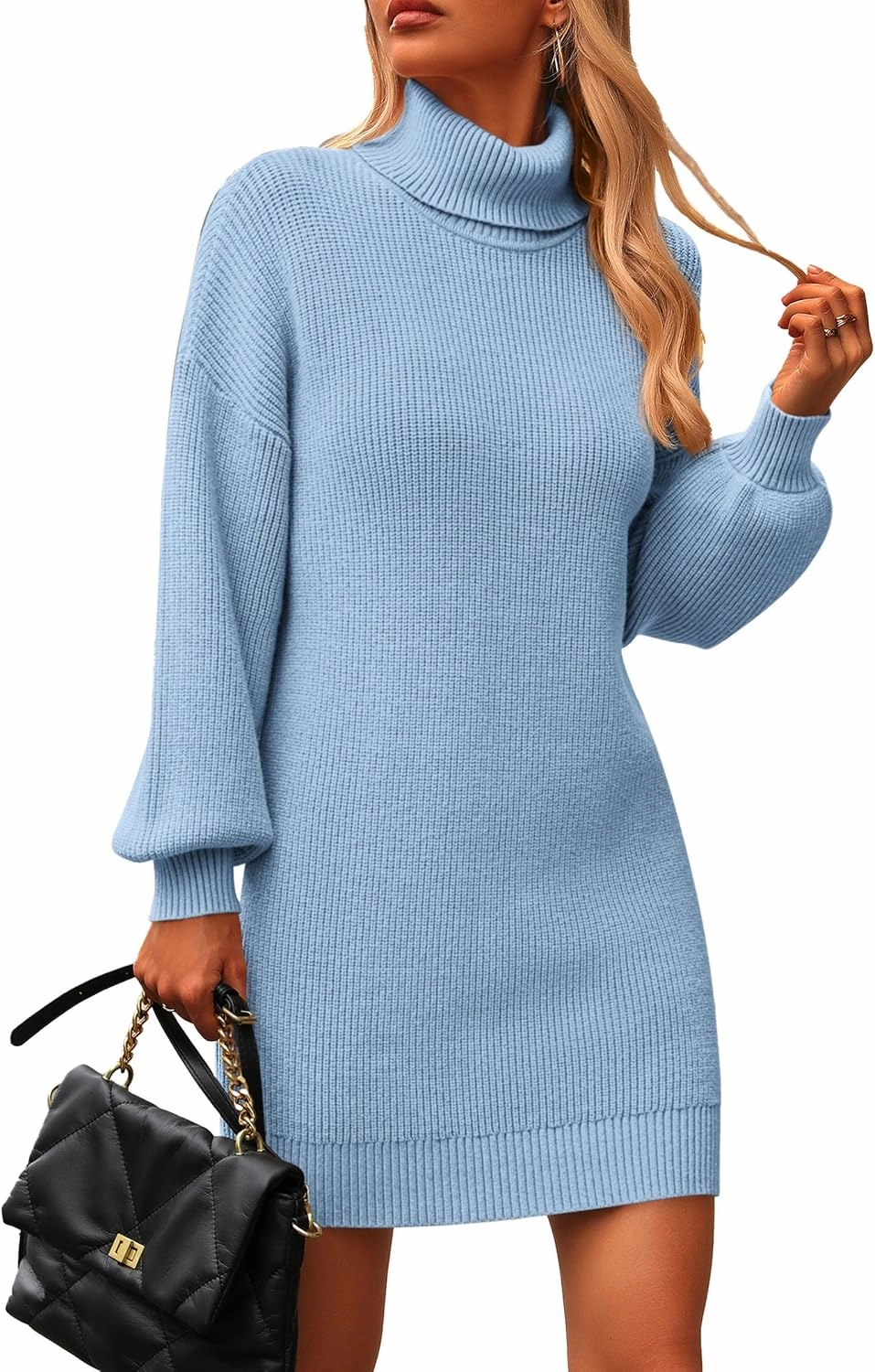PRETTYGARDEN Sweater Dress for Women Long Puff Sleeve Turtleneck Ribbed Knit Oversized Pullover Winter Short Dress