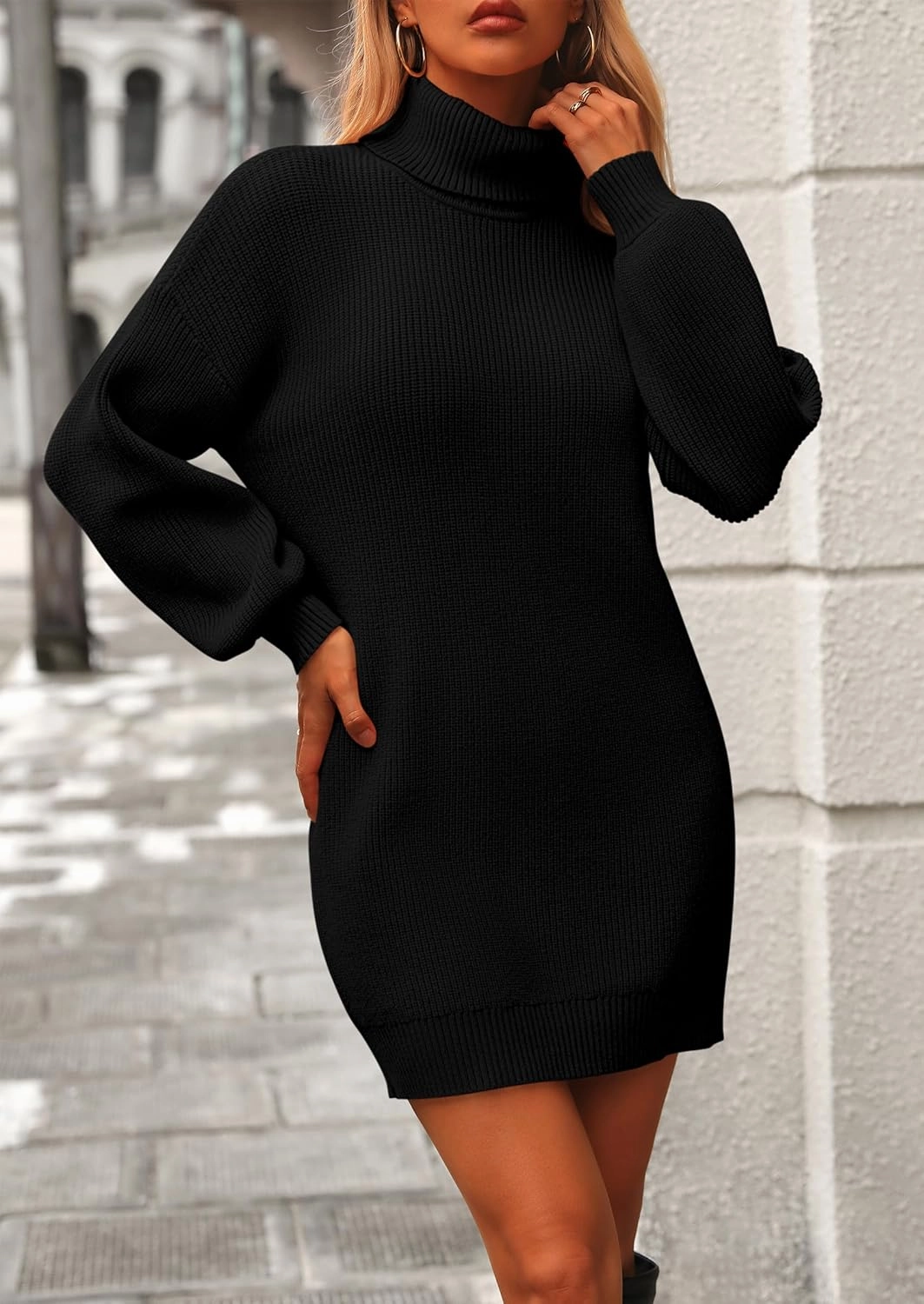 PRETTYGARDEN Sweater Dress for Women Long Puff Sleeve Turtleneck Ribbed Knit Oversized Pullover Winter Short Dress