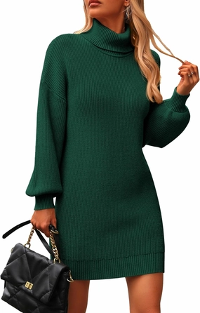 PRETTYGARDEN Sweater Dress for Women Long Puff Sleeve Turtleneck Ribbed Knit Oversized Pullover Winter Short Dress