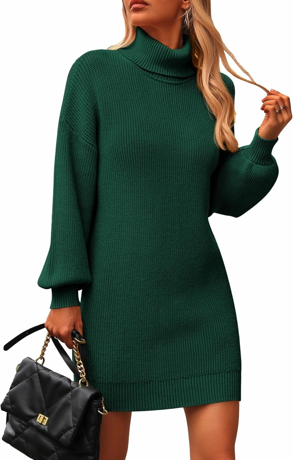 PRETTYGARDEN Sweater Dress for Women Long Puff Sleeve Turtleneck Ribbed Knit Oversized Pullover Winter Short Dress