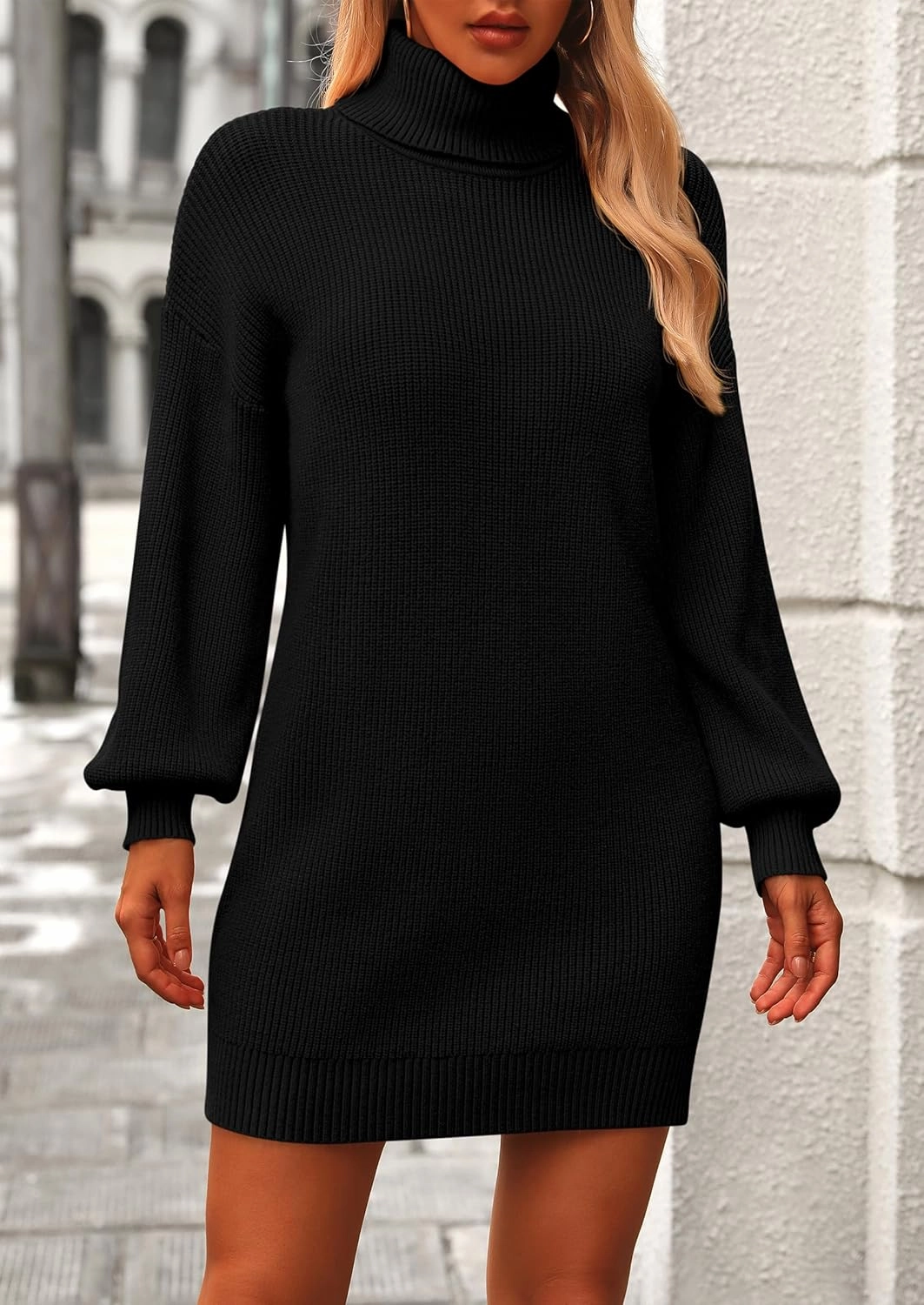PRETTYGARDEN Sweater Dress for Women Long Puff Sleeve Turtleneck Ribbed Knit Oversized Pullover Winter Short Dress