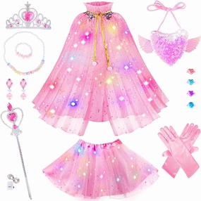Princess Dress Up Clothes for Little Girl, Light Up Princess Cape Set with Crown, Princess Dresses for Girls 3-8 Role Play, Princess Toy Gift for Halloween Christmas Birthday Party