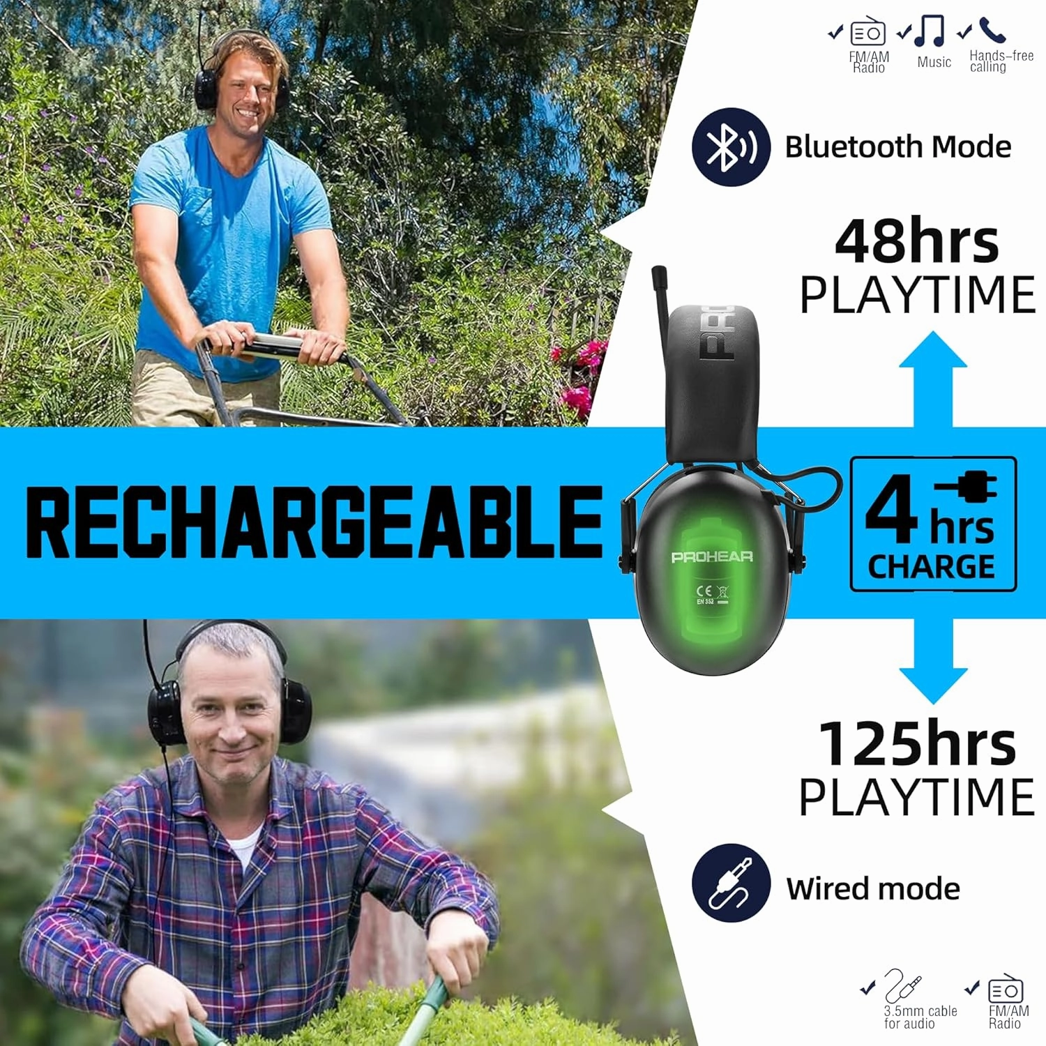PROHEAR 033 2.0 Upgraded Bluetooth 5.4 Hearing Protection Headphones with FM/AM Radio - 25dB NRR Safety Earmuffs, Rechargeable, 48H Playtime for Mowing, Workshops, and Snowblowing - Black