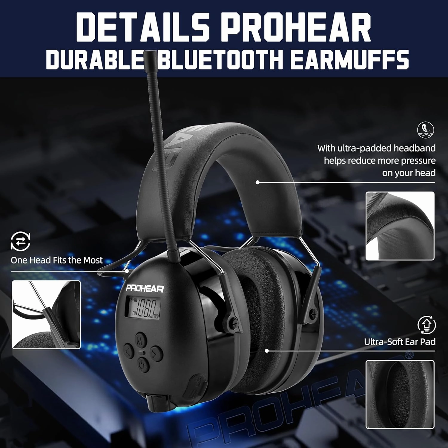 PROHEAR 033 2.0 Upgraded Bluetooth 5.4 Hearing Protection Headphones with FM/AM Radio - 25dB NRR Safety Earmuffs, Rechargeable, 48H Playtime for Mowing, Workshops, and Snowblowing - Black