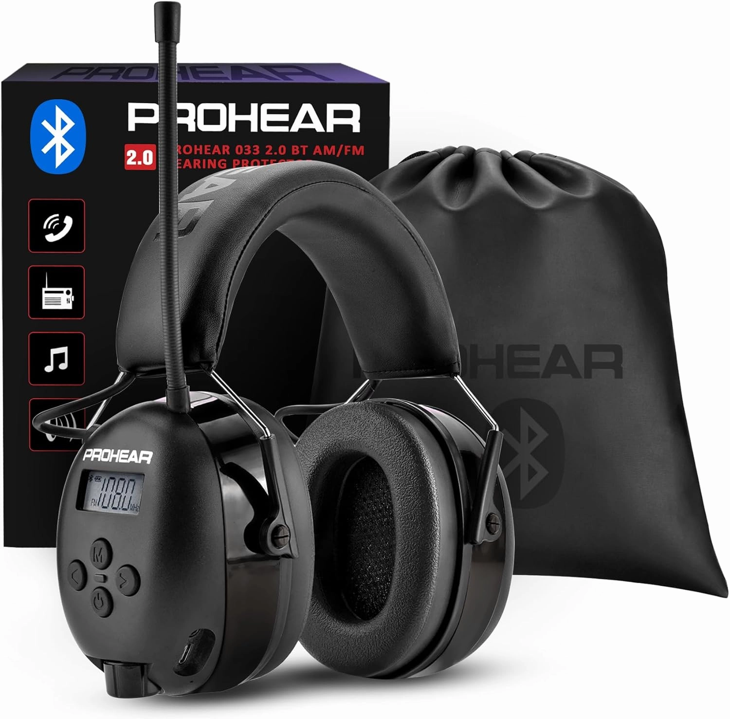 PROHEAR 033 2.0 Upgraded Bluetooth 5.4 Hearing Protection Headphones with FM/AM Radio - 25dB NRR Safety Earmuffs, Rechargeable, 48H Playtime for Mowing, Workshops, and Snowblowing - Black