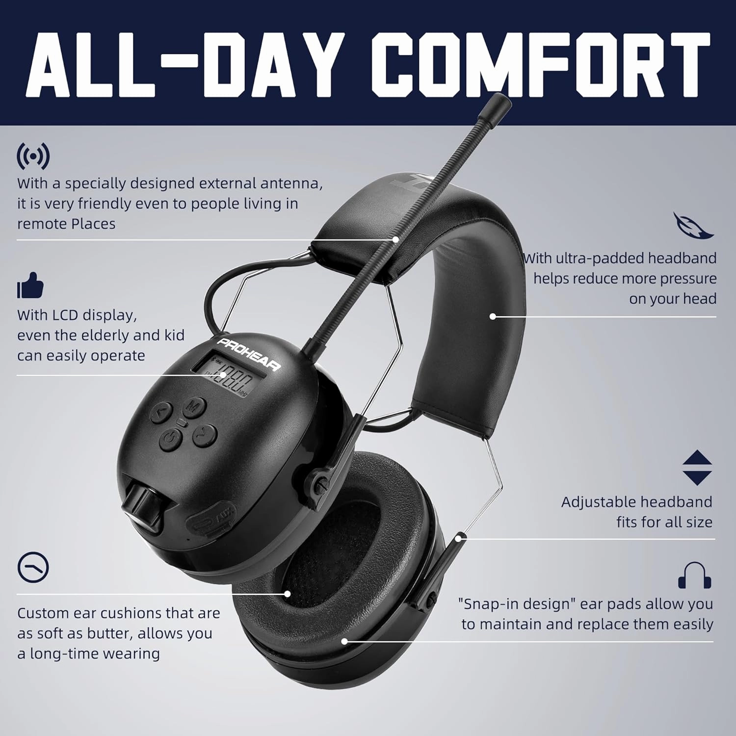 PROHEAR 033 2.0 Upgraded Bluetooth 5.4 Hearing Protection Headphones with FM/AM Radio - 25dB NRR Safety Earmuffs, Rechargeable, 48H Playtime for Mowing, Workshops, and Snowblowing - Black