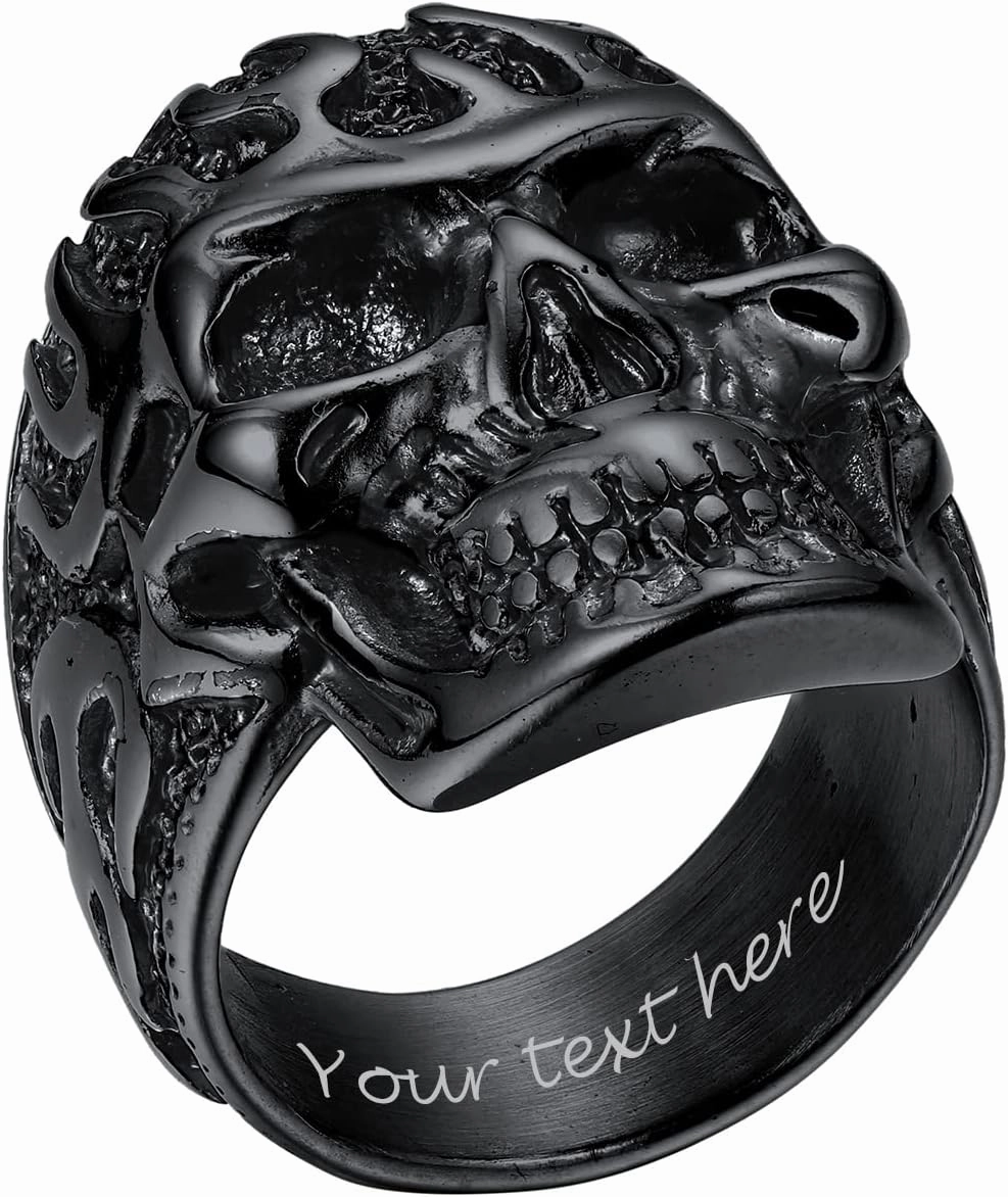 PROSTEEL Gothic Jewelry Cool Skull Rings for Men Women, Can Customize Text, Black/18K Gold Plated 316L Stainless Steel Rings, Size 7-14, Come with Box
