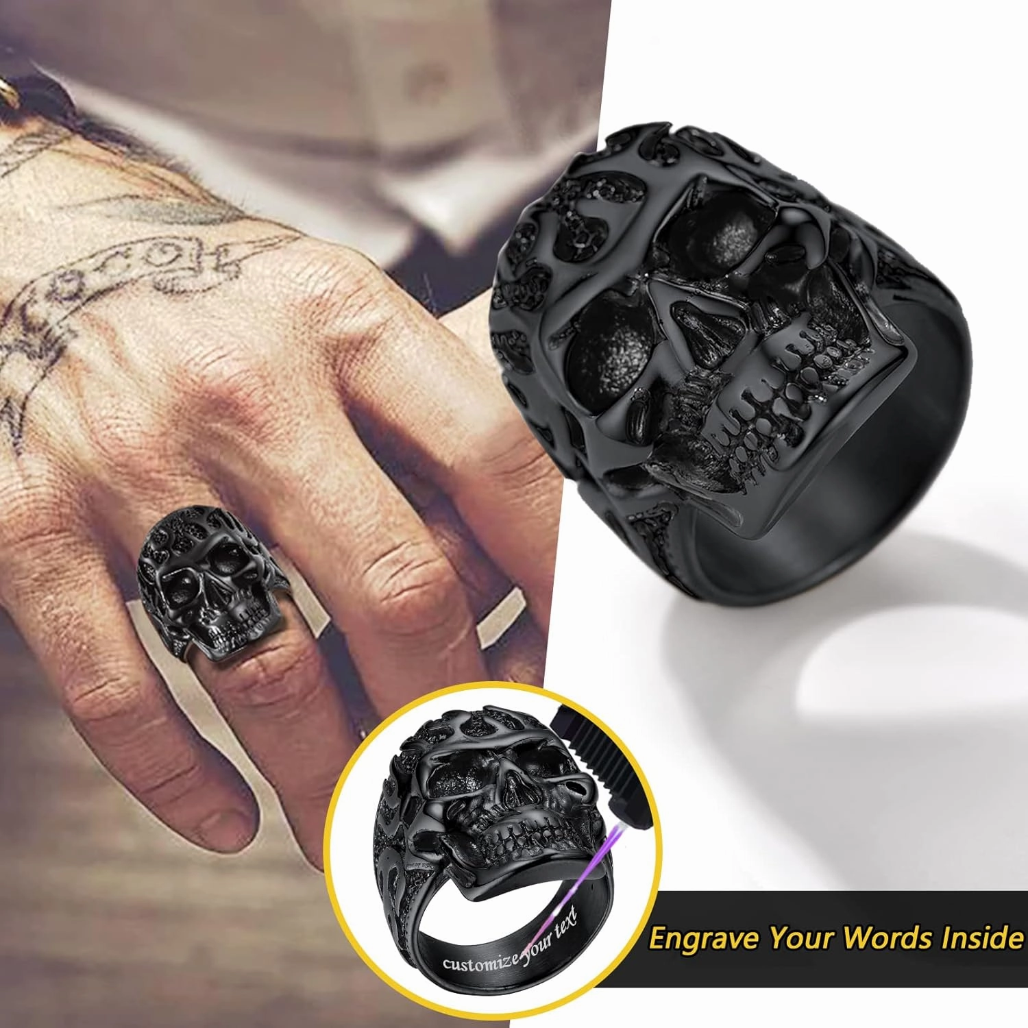 PROSTEEL Gothic Jewelry Cool Skull Rings for Men Women, Can Customize Text, Black/18K Gold Plated 316L Stainless Steel Rings, Size 7-14, Come with Box