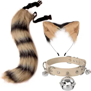 QinRuan Cosplay Costume 3-Pieces Set,Cat Ears and Leather Bell Collar Faux Fur Animal Tail
