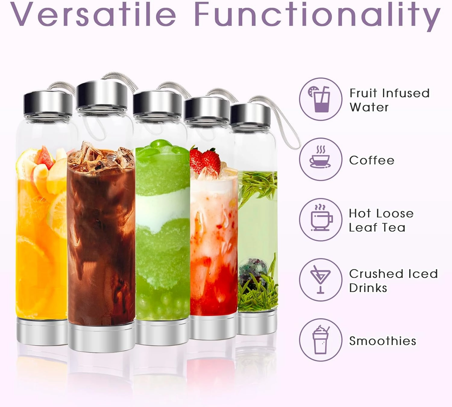 Quartz Glass Bottle with Changeable Natural Crystal Center, Loose Natural Gem Leaf Tea Infuser, Gemstone Elixir Infused Glass Bottle with Protective Sleeve