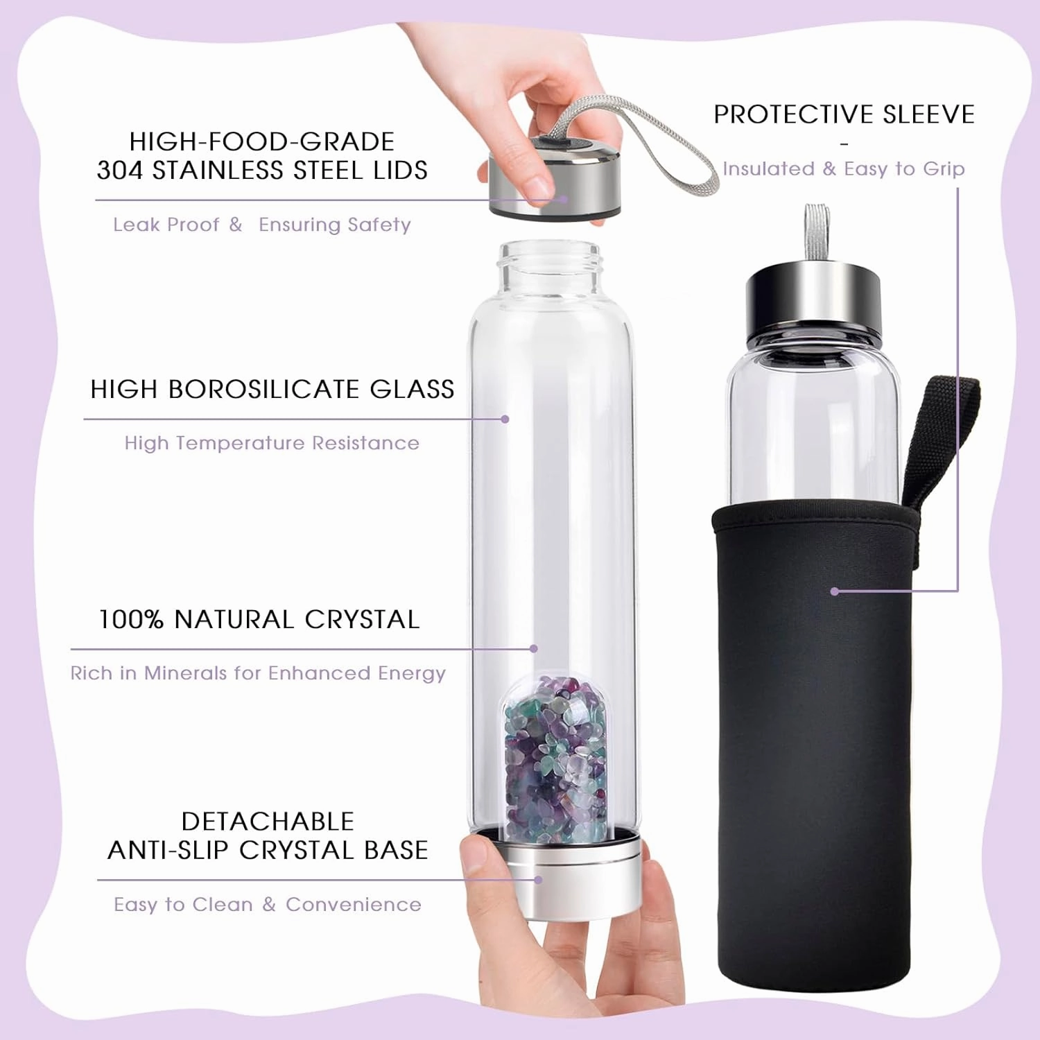 Quartz Glass Bottle with Changeable Natural Crystal Center, Loose Natural Gem Leaf Tea Infuser, Gemstone Elixir Infused Glass Bottle with Protective Sleeve
