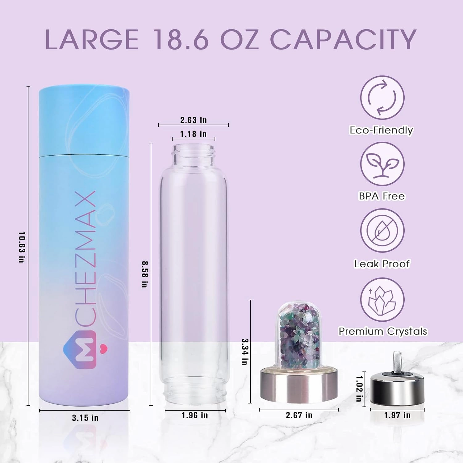 Quartz Glass Bottle with Changeable Natural Crystal Center, Loose Natural Gem Leaf Tea Infuser, Gemstone Elixir Infused Glass Bottle with Protective Sleeve