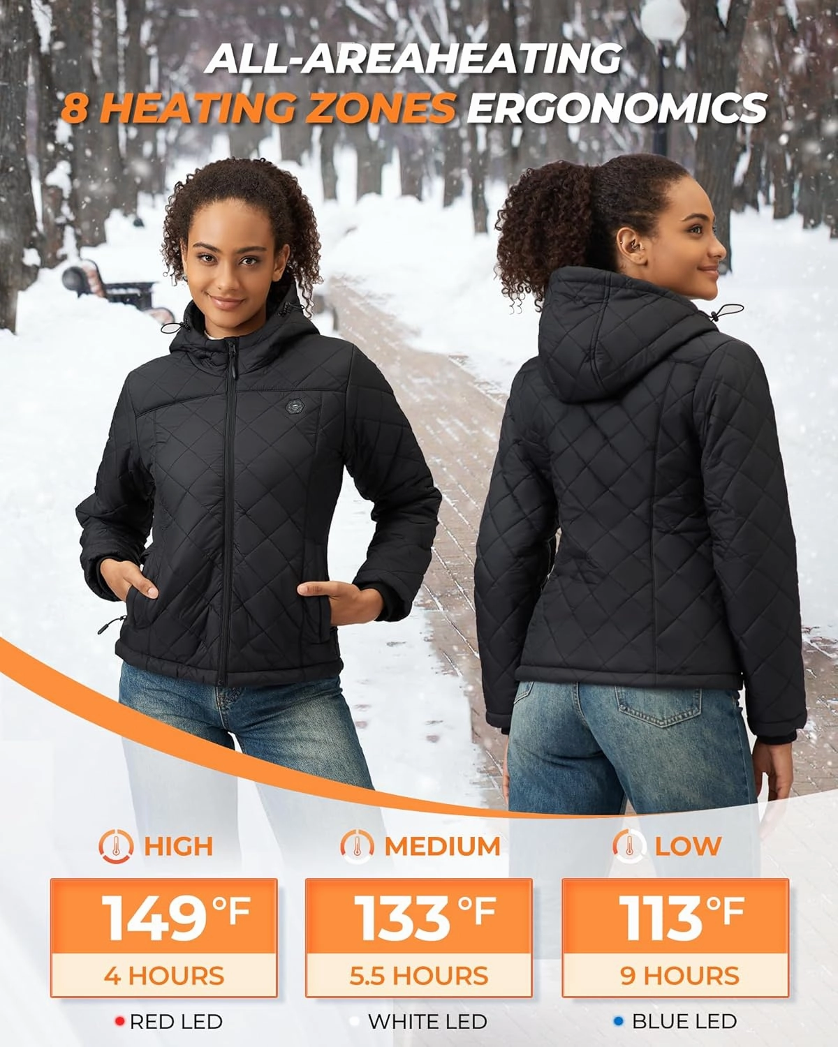 Quilted Heateds Jacket for Women with 12V 18400mAh Battery Pack,Heated Coat for Women with 8 Heating Zones