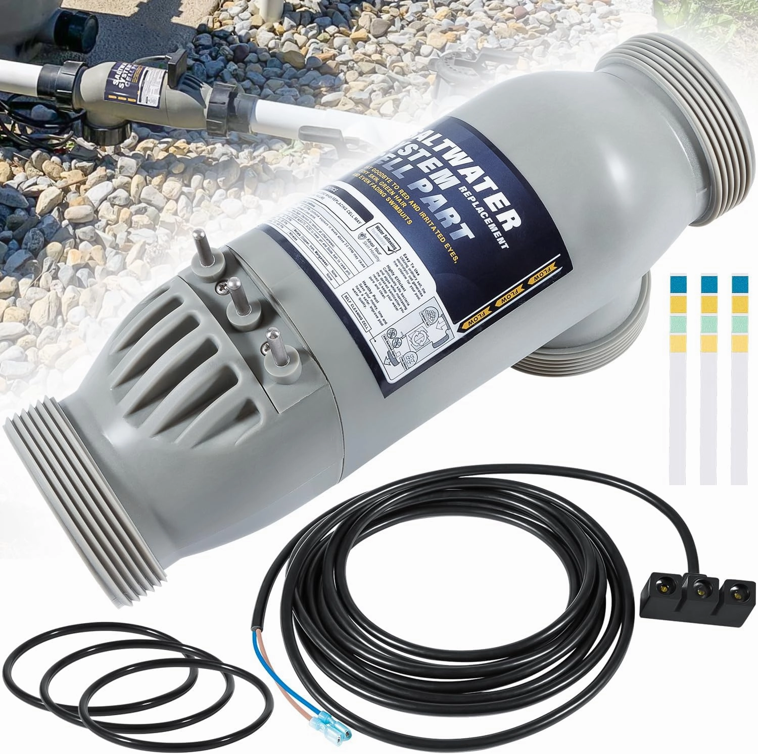 R0452400 Salt Cell PLC1400 APURE1400 Replacement For Zodiac Jandy AquaPure Purelink 3-Port 14-Blade Salt Water Chlorinator System Up To 40,000 Gallons w/ R0402800 16FT DC Power Cord & R0452100 O-rings