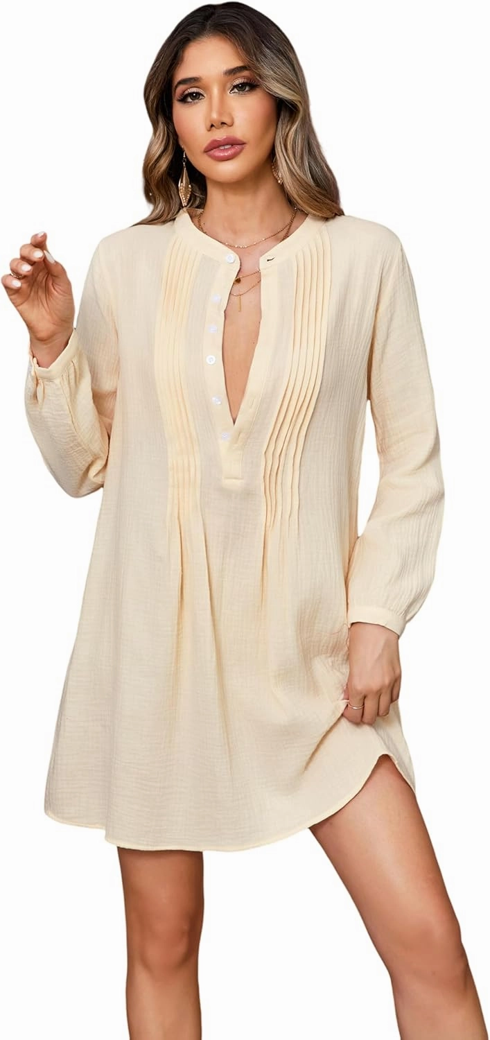 R.Vivimos Women's Tunic Dress Fall Cotton Button Down Long Sleeves Casual Mini Shirt Dress