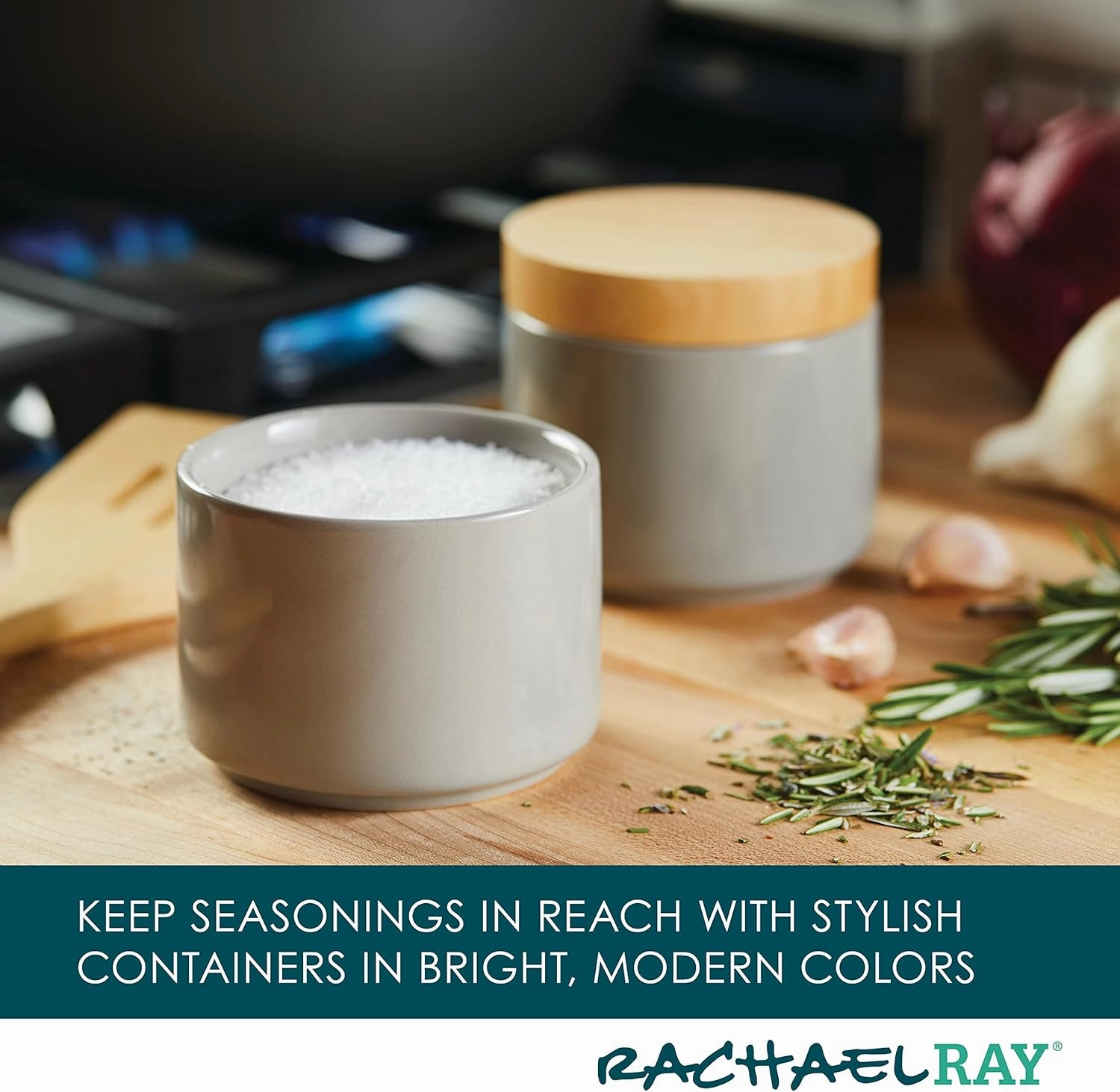 Rachael Ray Ceramics Stacking Spice/Seasoning Box Set with Lid, 2 Piece, Light Gray