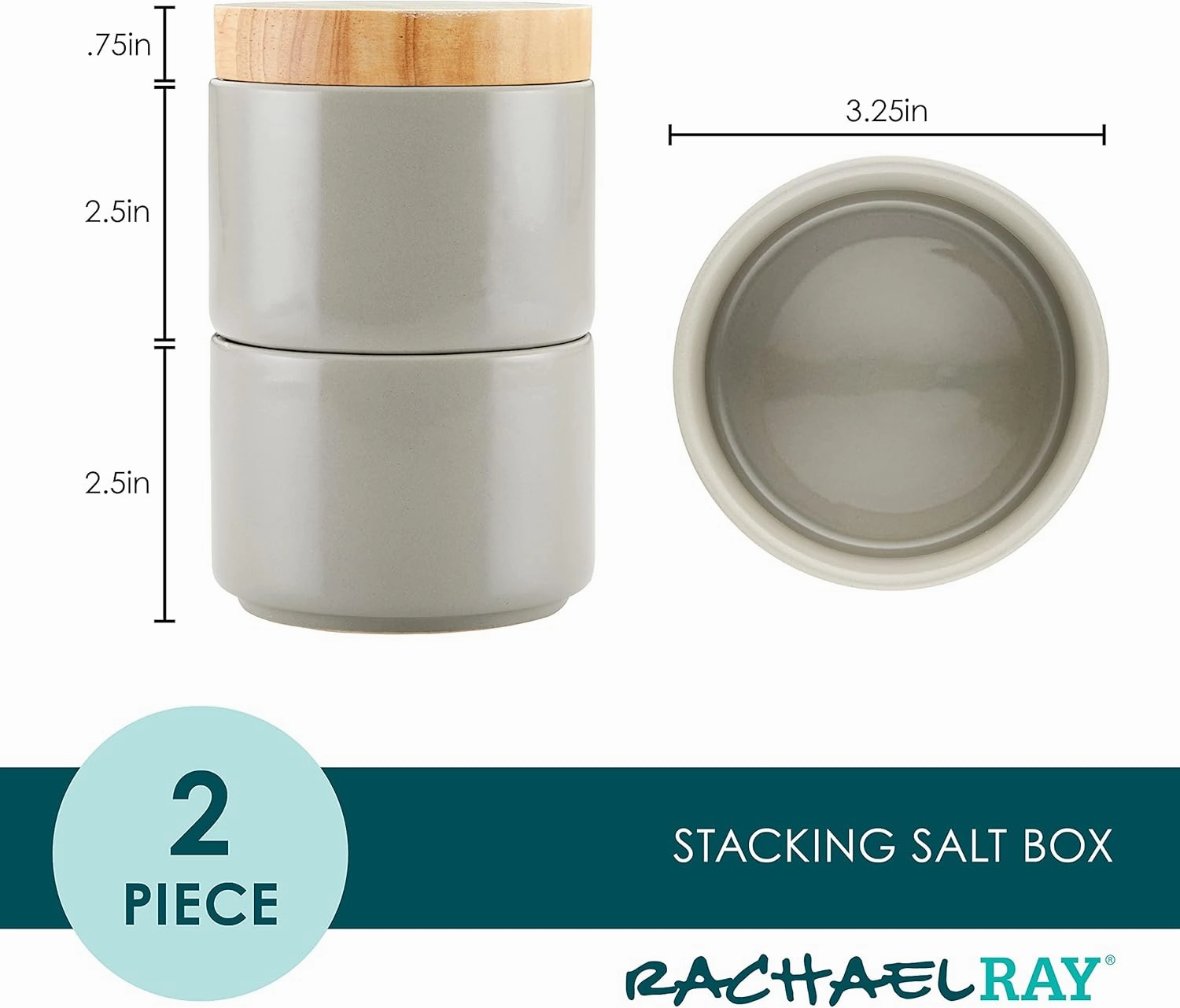 Rachael Ray Ceramics Stacking Spice/Seasoning Box Set with Lid, 2 Piece, Light Gray