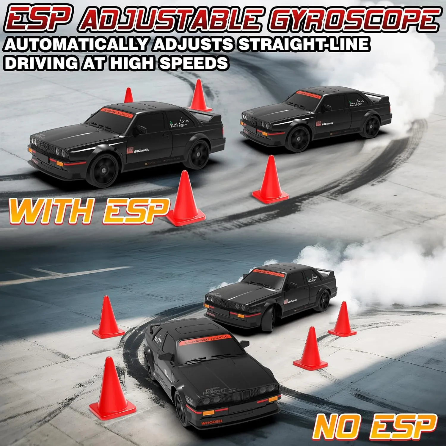 RC Drift Car 1:16 4WD 2.4GHz Remote Control Drift Cars with Gyro 50km/H High Speed Full Proportion RC Cars with LED Lights, Drifting Tires ESP Race Car Toy for Adults Boys Girls Kids, Black