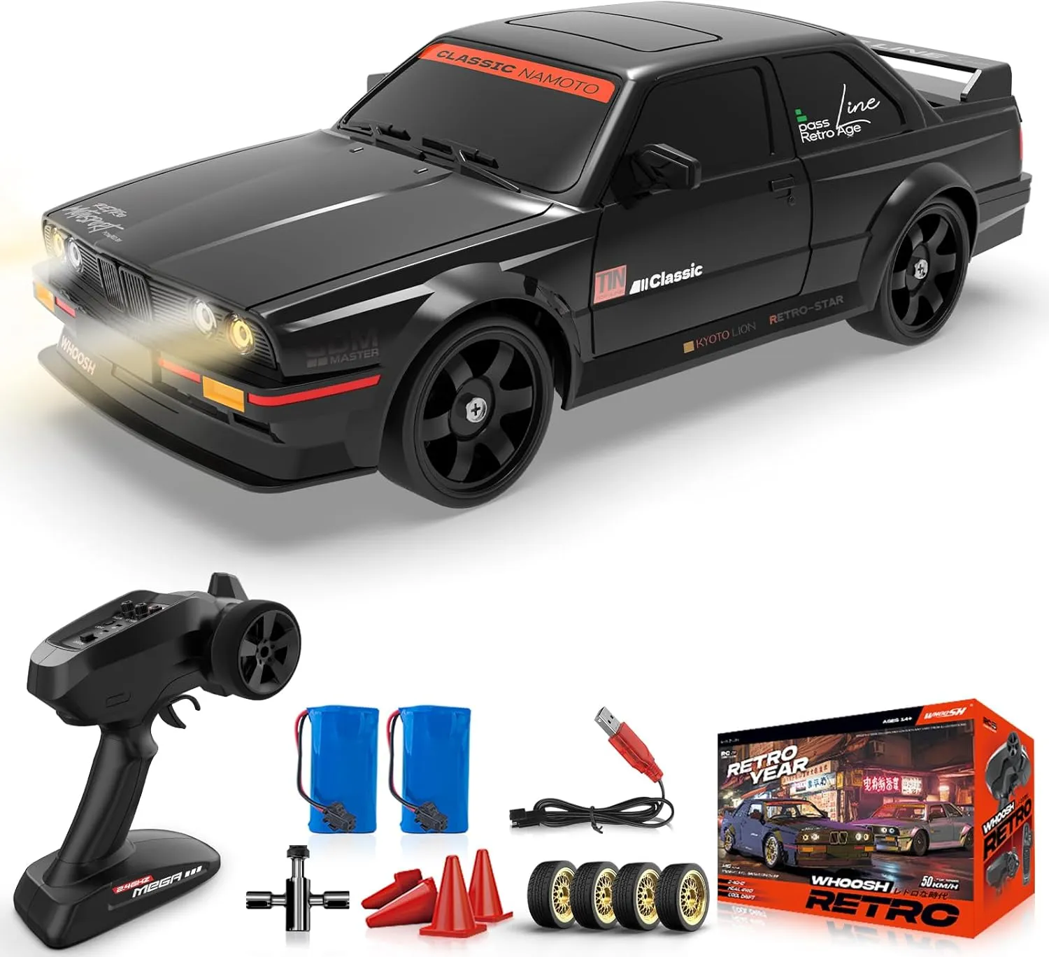 RC Drift Car 1:16 4WD 2.4GHz Remote Control Drift Cars with Gyro 50km/H High Speed Full Proportion RC Cars with LED Lights, Drifting Tires ESP Race Car Toy for Adults Boys Girls Kids, Black