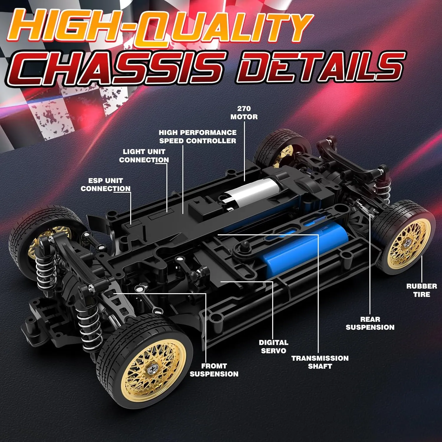 RC Drift Car 1:16 4WD 2.4GHz Remote Control Drift Cars with Gyro 50km/H High Speed Full Proportion RC Cars with LED Lights, Drifting Tires ESP Race Car Toy for Adults Boys Girls Kids, Black