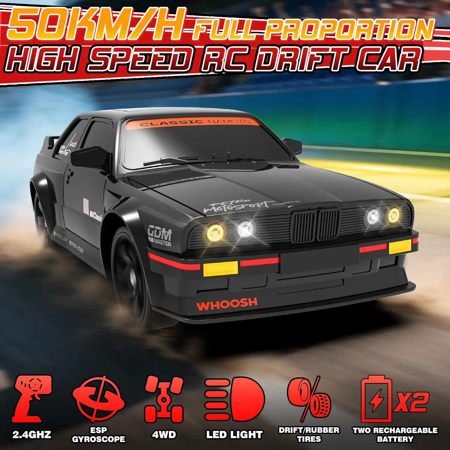 RC Drift Car 1:16 4WD 2.4GHz Remote Control Drift Cars with Gyro 50km/H High Speed Full Proportion RC Cars with LED Lights, Drifting Tires ESP Race Car Toy for Adults Boys Girls Kids, Black