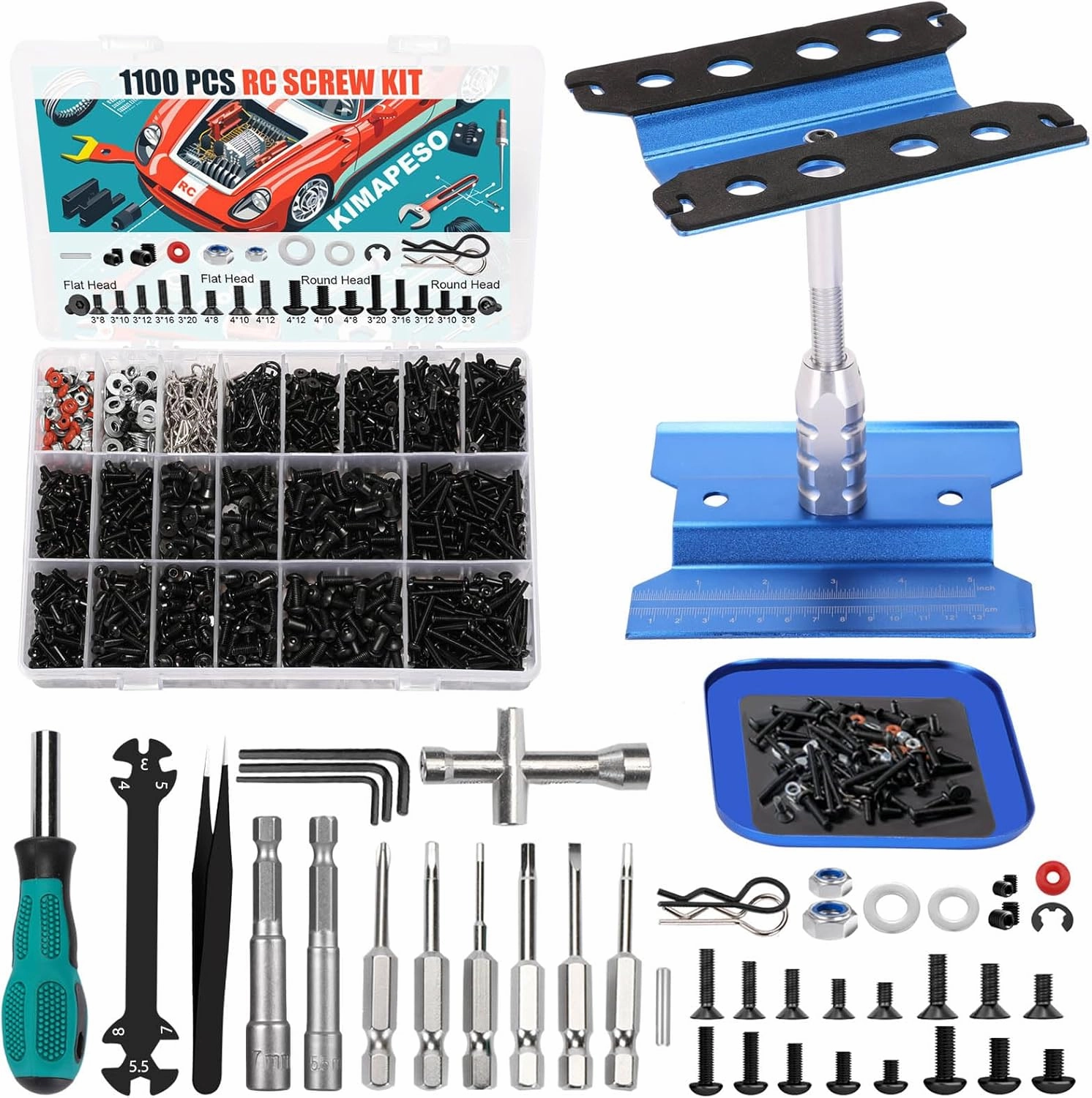 RC Car Repair Work Stand, 1100pcs RC Screw Kit and RC Screwdrivers Repair Set for Traxxas Axial Redcat Arrma HPI HSP SCX10 RC4WD 1/8 1/10 1/12 1/16 Scale RC Crawler Truck Buggy Car