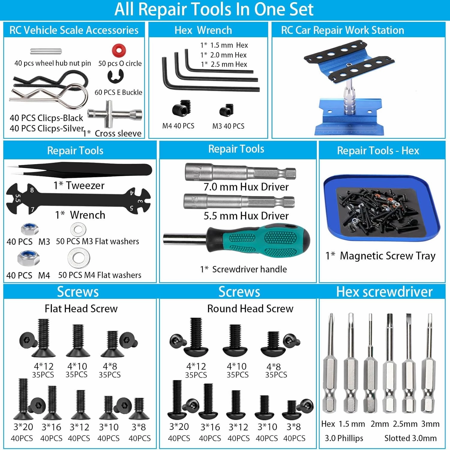 RC Car Repair Work Stand, 1100pcs RC Screw Kit and RC Screwdrivers Repair Set for Traxxas Axial Redcat Arrma HPI HSP SCX10 RC4WD 1/8 1/10 1/12 1/16 Scale RC Crawler Truck Buggy Car