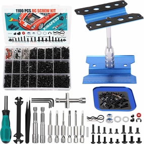 RC Car Repair Work Stand, 1100pcs RC Screw Kit and RC Screwdrivers Repair Set for Traxxas Axial Redcat Arrma HPI HSP SCX10 RC4WD 1/8 1/10 1/12 1/16 Scale RC Crawler Truck Buggy Car